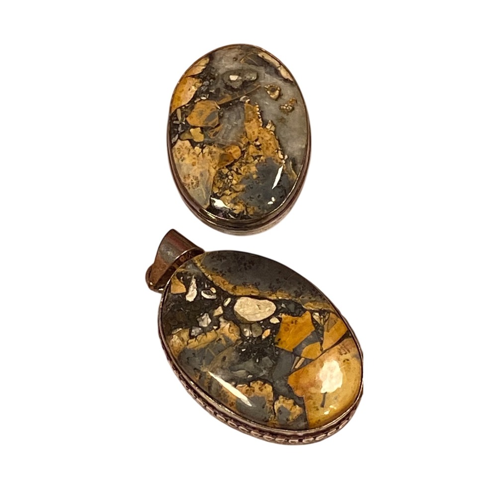 Artisan Maligano Jasper Natural Stone Silver Plated Pendant & Ring Set Size 6